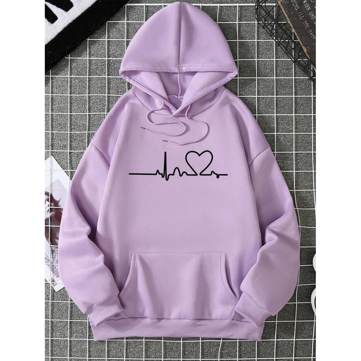 Heart Beat Light Purple Fleece Full Sleeves Pull Over Hoodie For Women