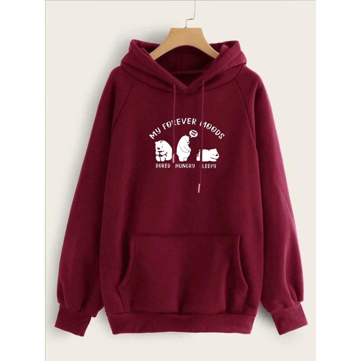 My Forever Moods Bear Printed Fleece Full Sleeves Pull Over Hoodie For Women