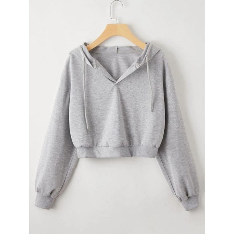 Grey Plain Fleece Full Sleeves Cropped Pull Over Hoodie For Women