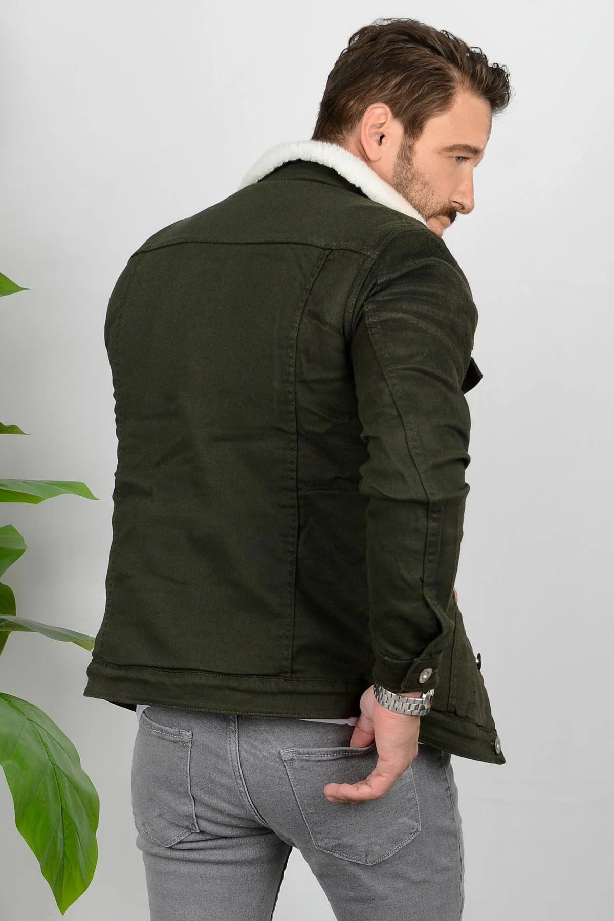 Olive Green Denim Jacket With White Fur Back Pose - Ace Cart