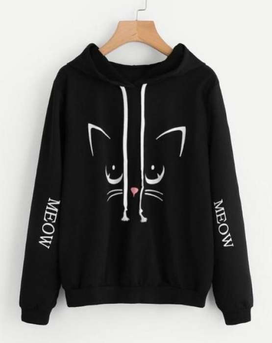 Meow Sleeve Print Hoodie Black - AceCart Warm Hooded Sweatshirt in Black