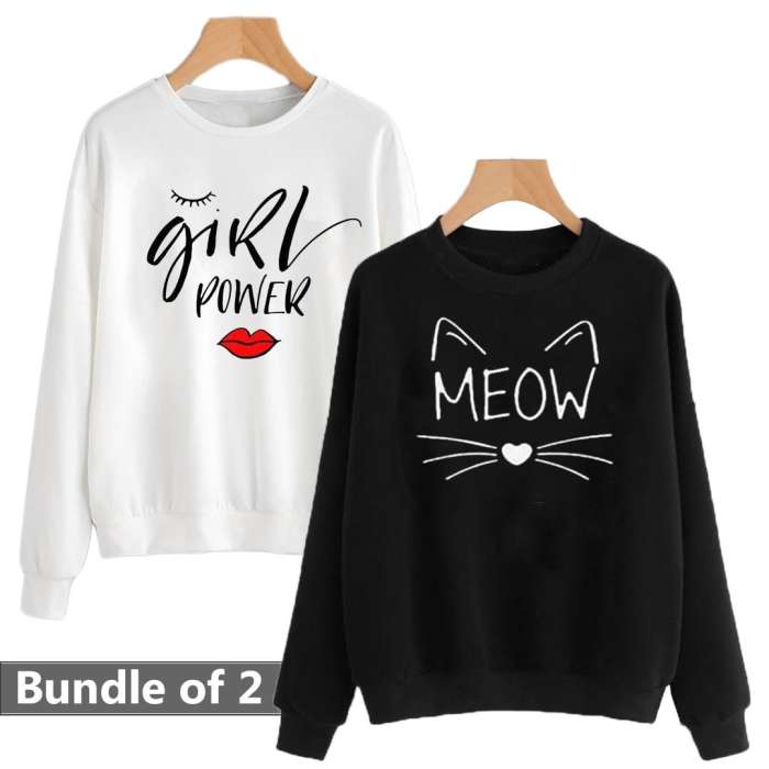 Bundle of 2 Meow and Power Printed Sweat Shirts 132 - AceCart Warm Hooded Sweatshirt in Black