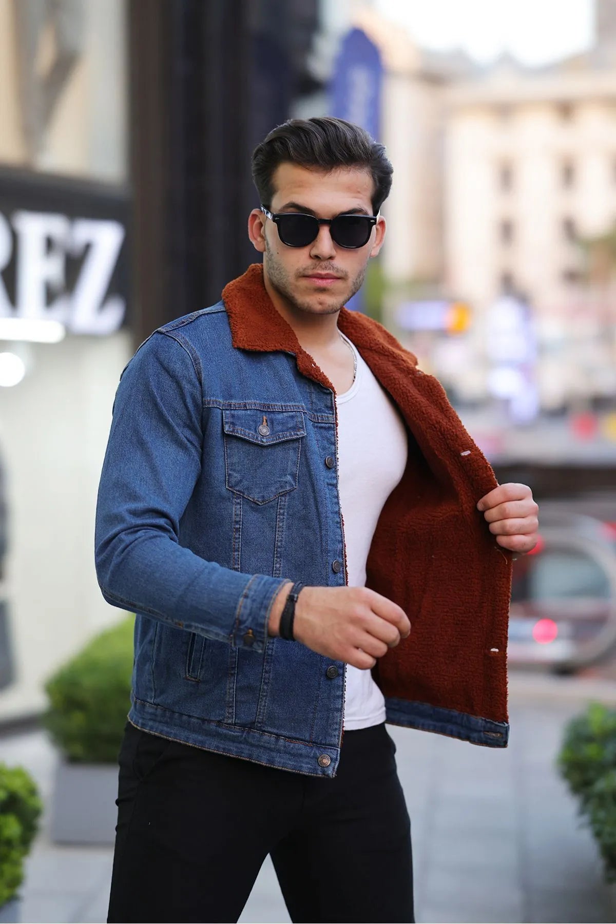 Blue Denim Jacket With Brown Fur Side Pose - Ace Cart