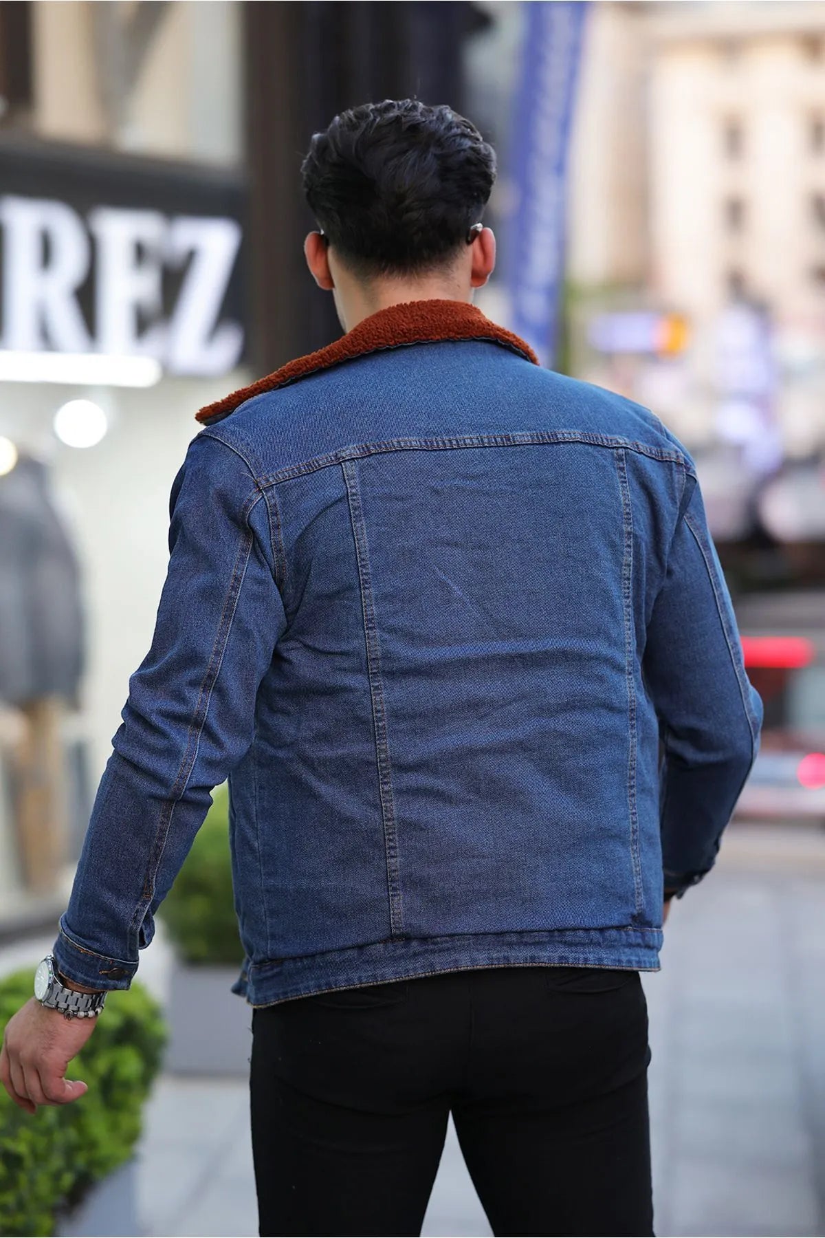 Blue Denim Jacket With Brown Fur Back Pose - Ace Cart