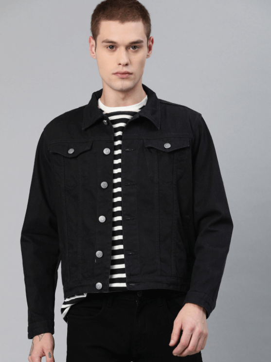 Mens Denim Jacket Black - Front View - AceCart