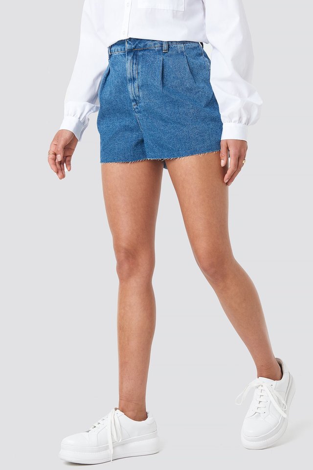 Front Pleat Denim Shorts Blue For Womens  - Left Side View - AceCart