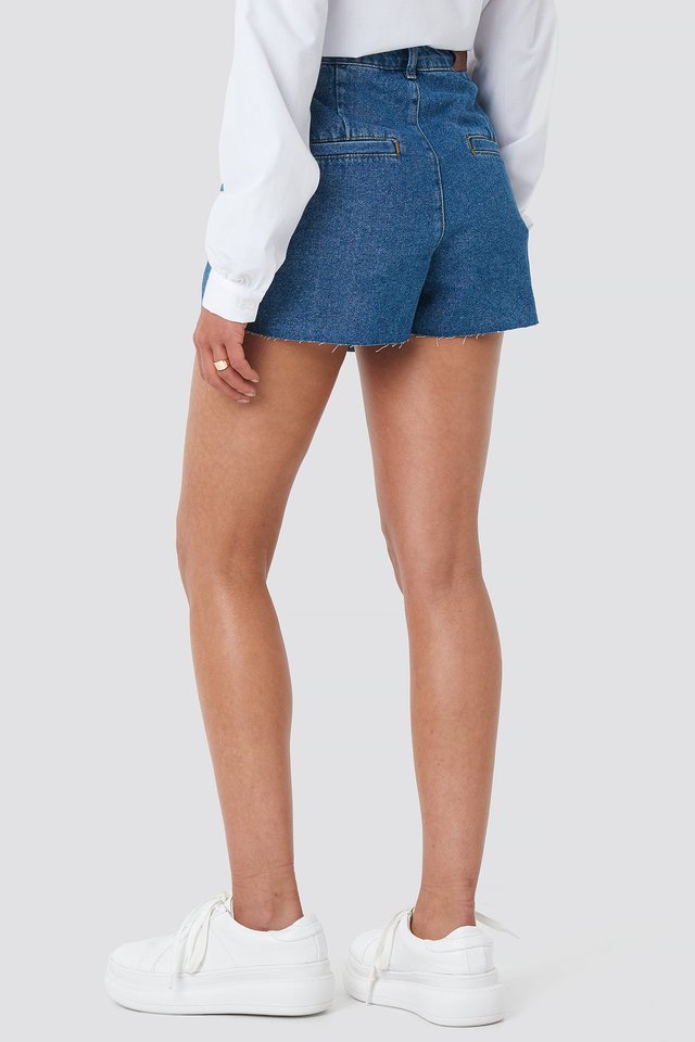 Front Pleat Denim Shorts Blue For Womens  - Right Side View - AceCart