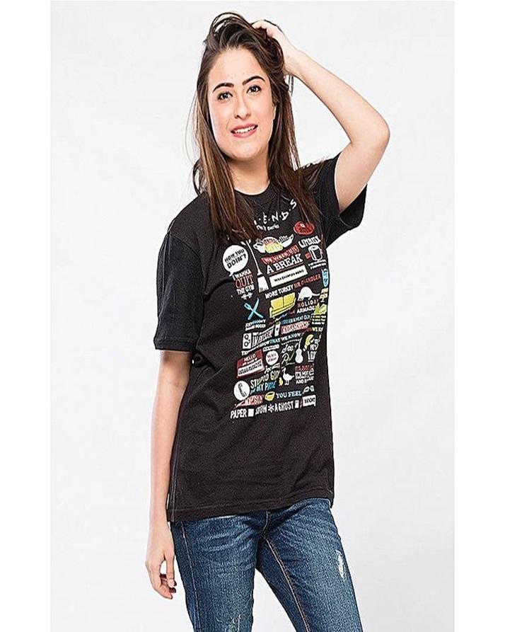 Black Friends Printed T-Shirt For Women - Front View - AceCart