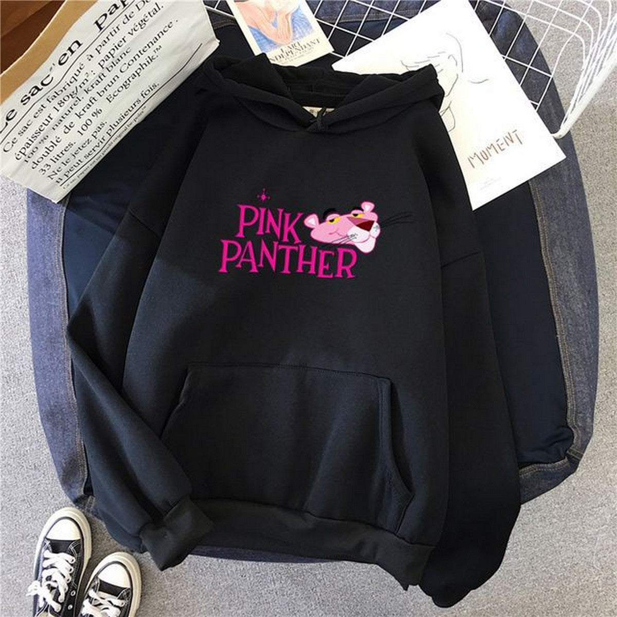 Black Pink Panther Printed Fleece Full Sleeves Pull Over Sweatshirt For Women