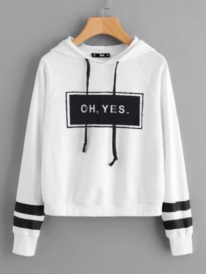 White Oh Yes Fleece Full Sleeves Pull Over Hoodie For Women