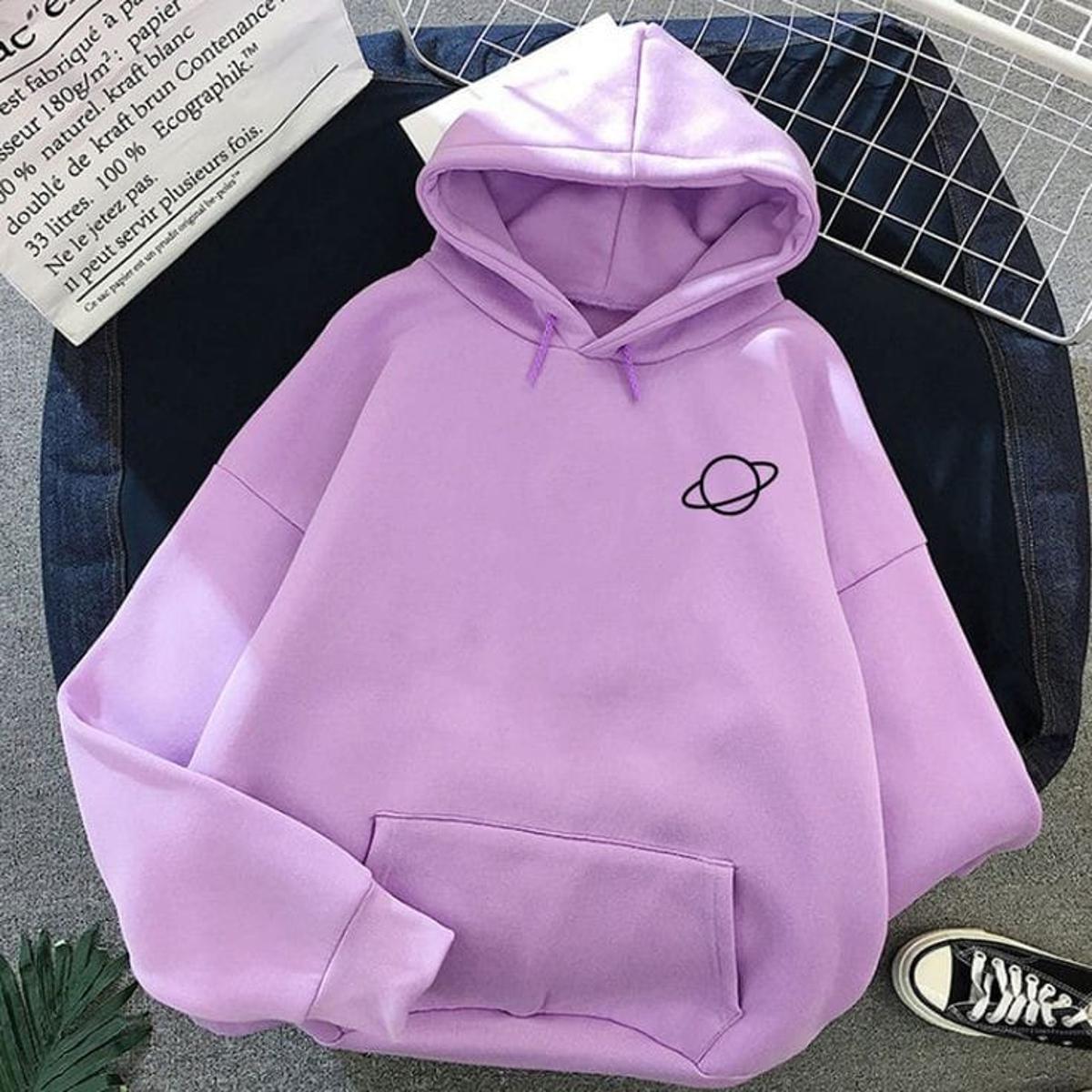 Light Purple Planet Fleece Full Sleeves Pull Over Hoodie For Women