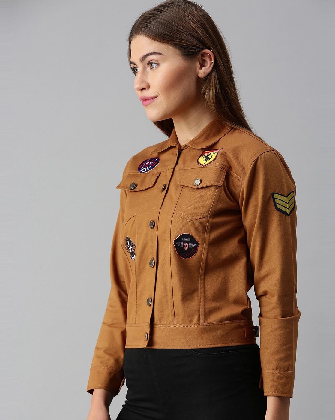 Women's Khaki Denim Jacket With Badges Side View - Ace Cart