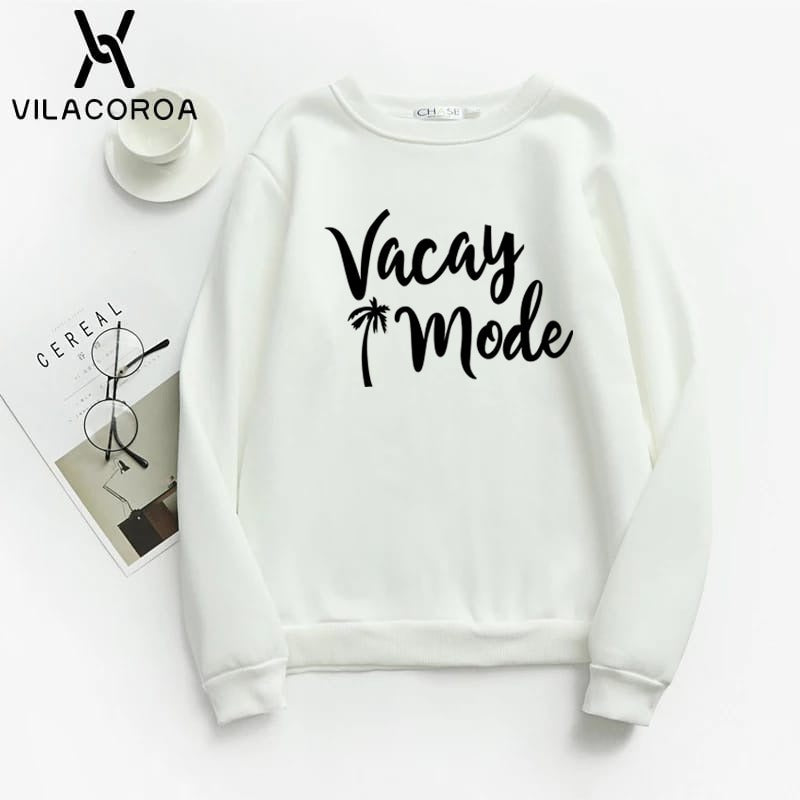 Vacation Mode Printed Fleece Full Sleeves Pull Over Sweatshirt For Women