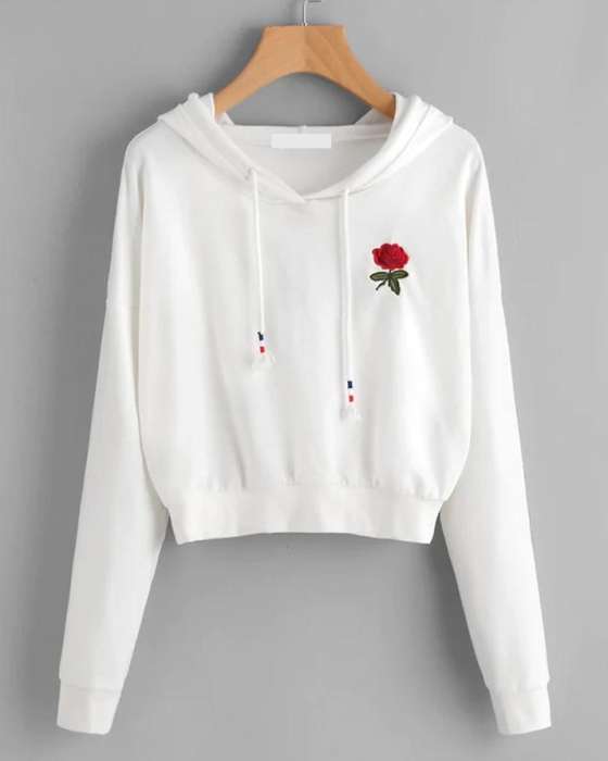 WHITE FLOWER PATCH CROPPED HOODIE FOR womens - AceCart Warm Hooded Sweatshirt in White