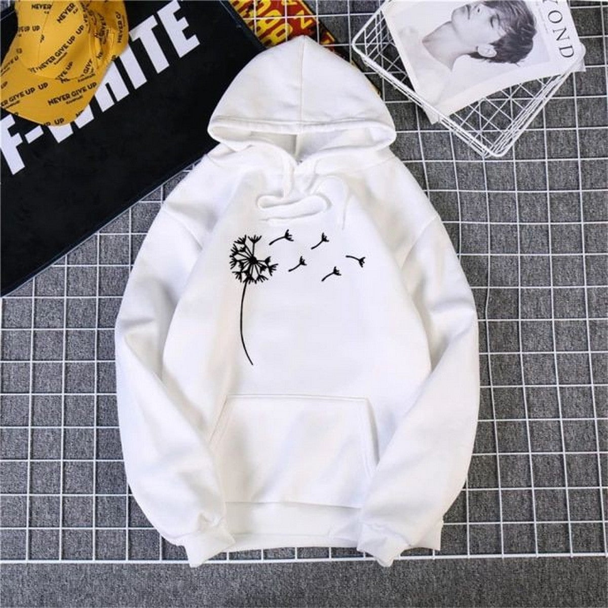 White Flower Printed Fleece Full Sleeves Pull Over Hoodie For Women