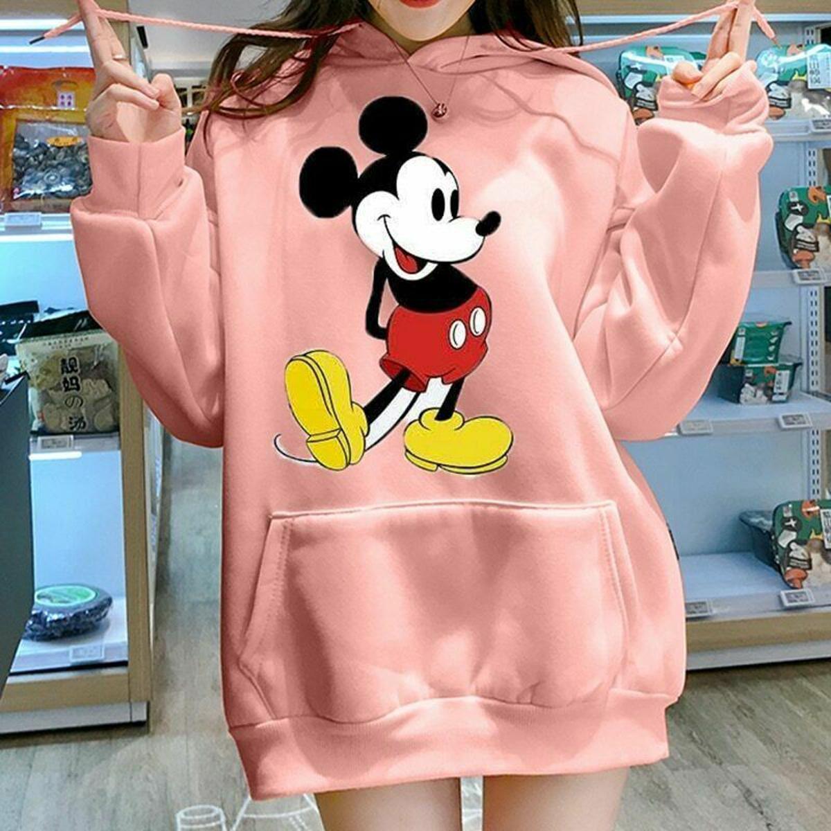 Pink Mickey Mouse Printed Fleece Full Sleeves Pull Over Hoodie For Women