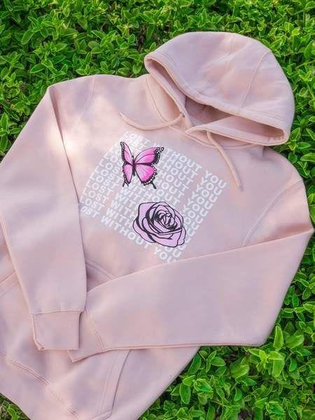 Pink Lost Without You Fleece Full Sleeves Pull Over Hoodie For Women