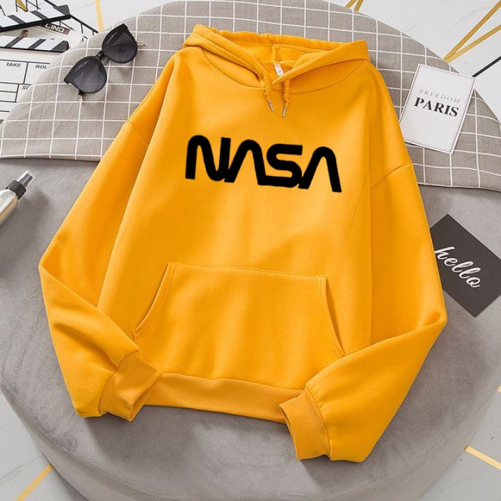 Yellow Nasa Printed Fleece Full Sleeves Pull Over Hoodie For Women