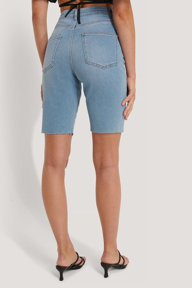 Long Denim Shorts Blue For Womens  - Left Side View - AceCart