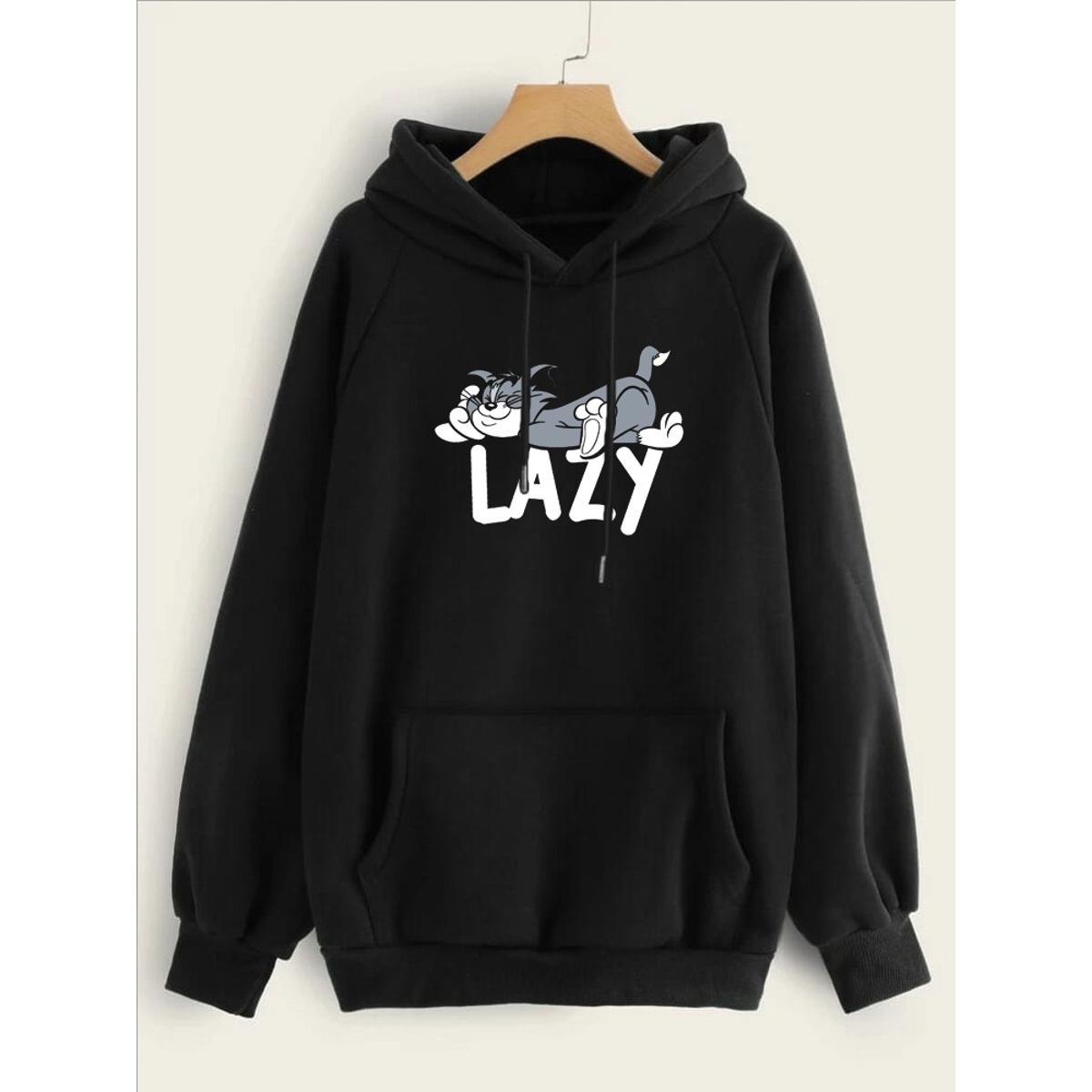 Lazy Tom Printed Fleece Full Sleeves Pull Over Hoodie For Women