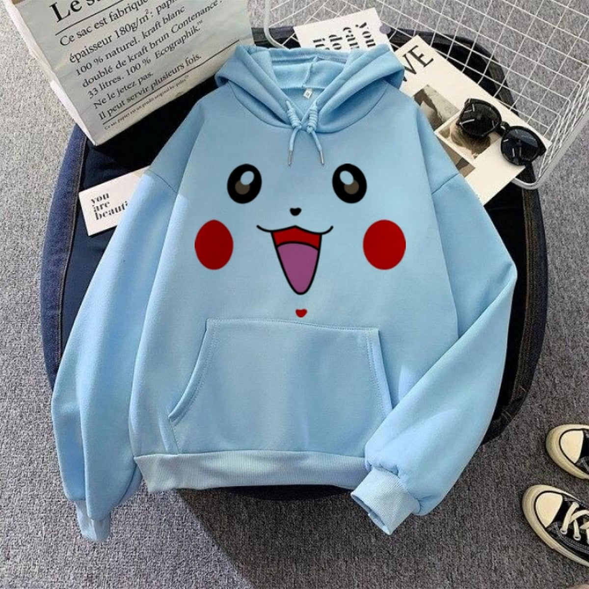 Sky Blue Pokemon Printed Fleece Full Sleeves Pull Over Hoodie For Women