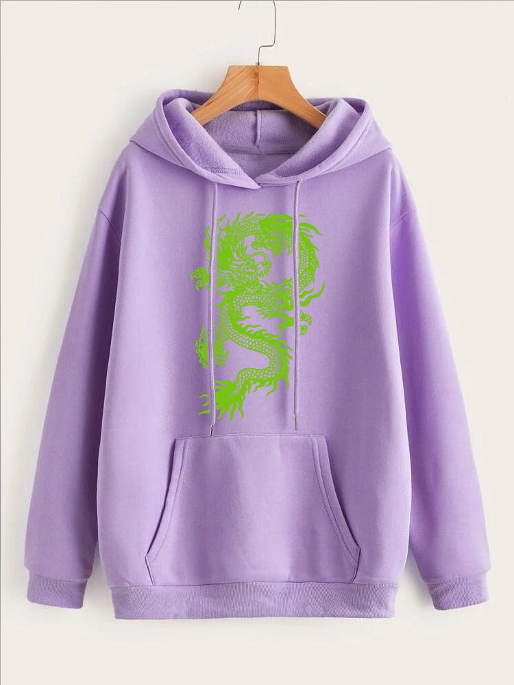 Dragon Printed Fleece Full Sleeves Pull Over Hoodie For Women