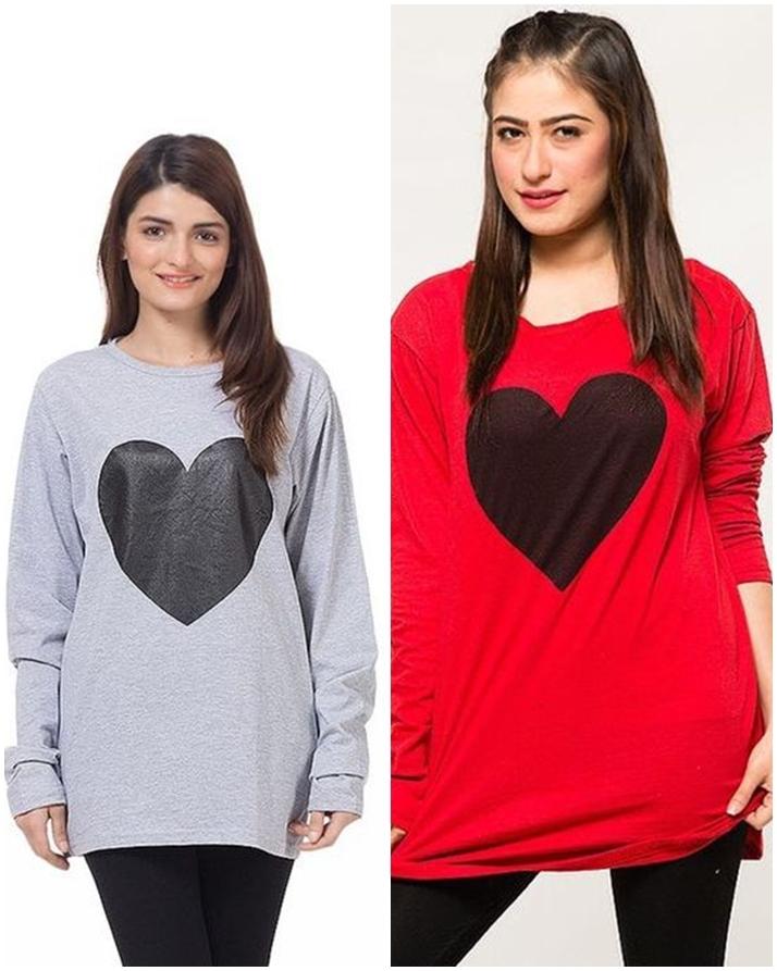 Pack of 2 - Printed T-Shirts For Her - Grey and Red - Front View - AceCart