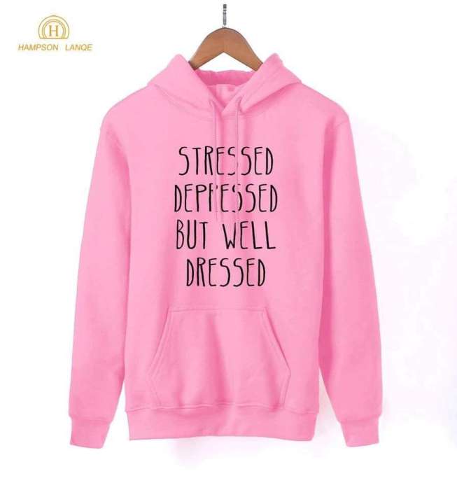 Stressed Stylish Pink Printed Hoodie For Women - AceCart Warm Hooded Sweatshirt in Pink