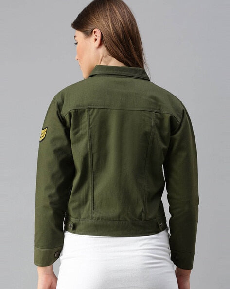 Women's Olive Green Denim Jacket With Badges Back View - Ace Cart