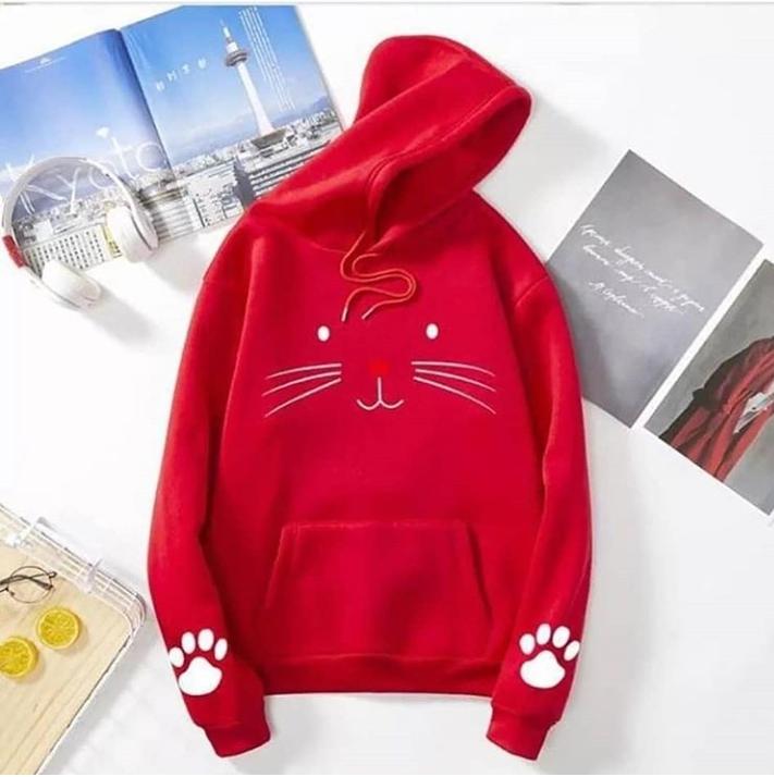 Cat Printed Fleece Full Sleeves Pull Over Hoodie For Women