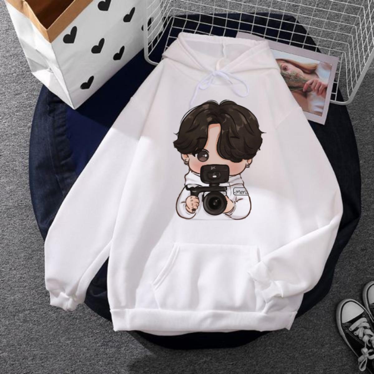 White Anime Printed Fleece Full Sleeves Pull Over Hoodie For Women