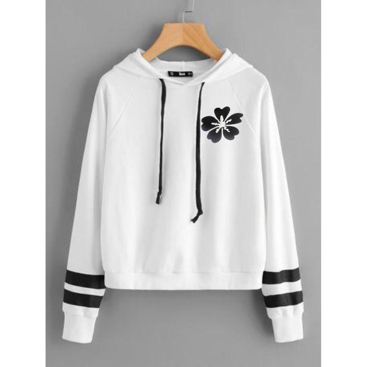 White Flower Fleece Full Sleeves Pull Over Hoodie For Women