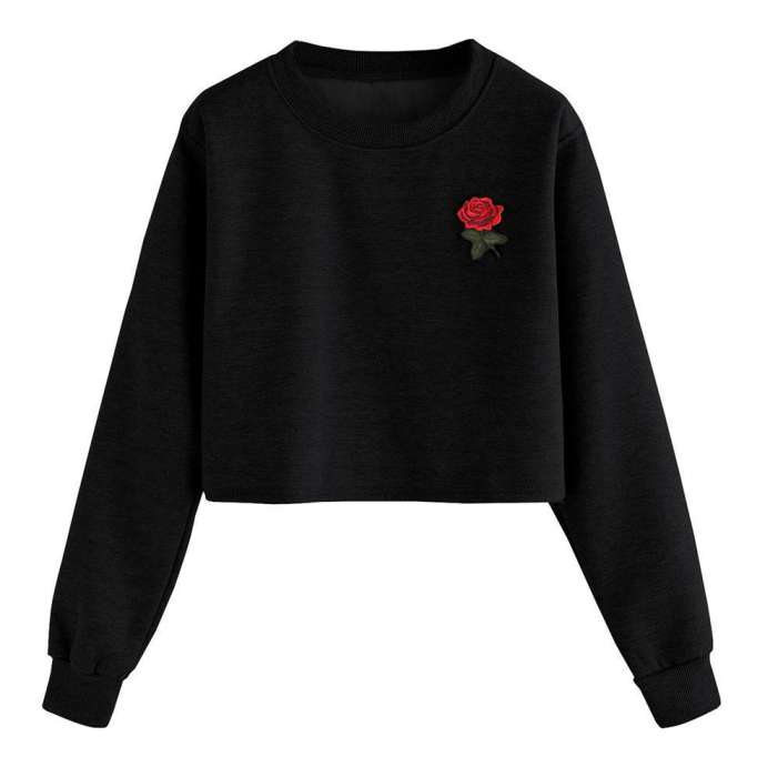 Black Fleece Rose Printed Cropped Sweat Shirt for Women - AceCart Warm Hooded Sweatshirt in Black