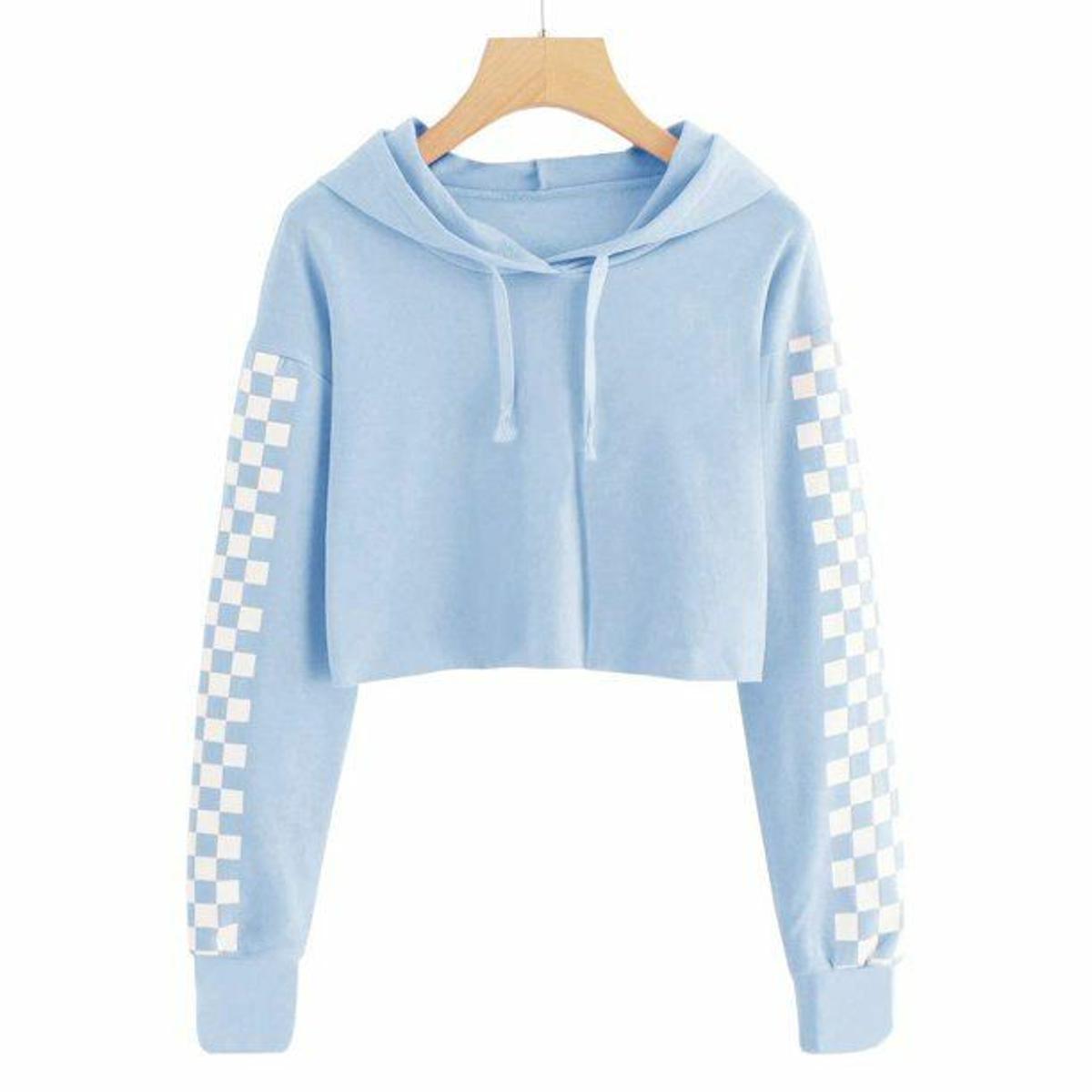 Sky Blue Checkered Fleece Full Sleeves Cropped Hoodie For Women