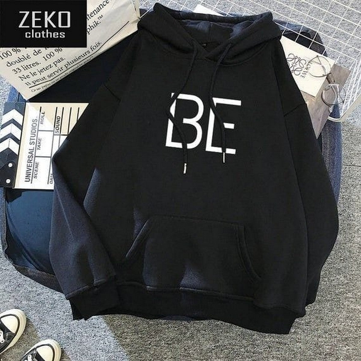 Black Bts Be Printed Fleece Full Sleeves Pull Over Hoodie For Women