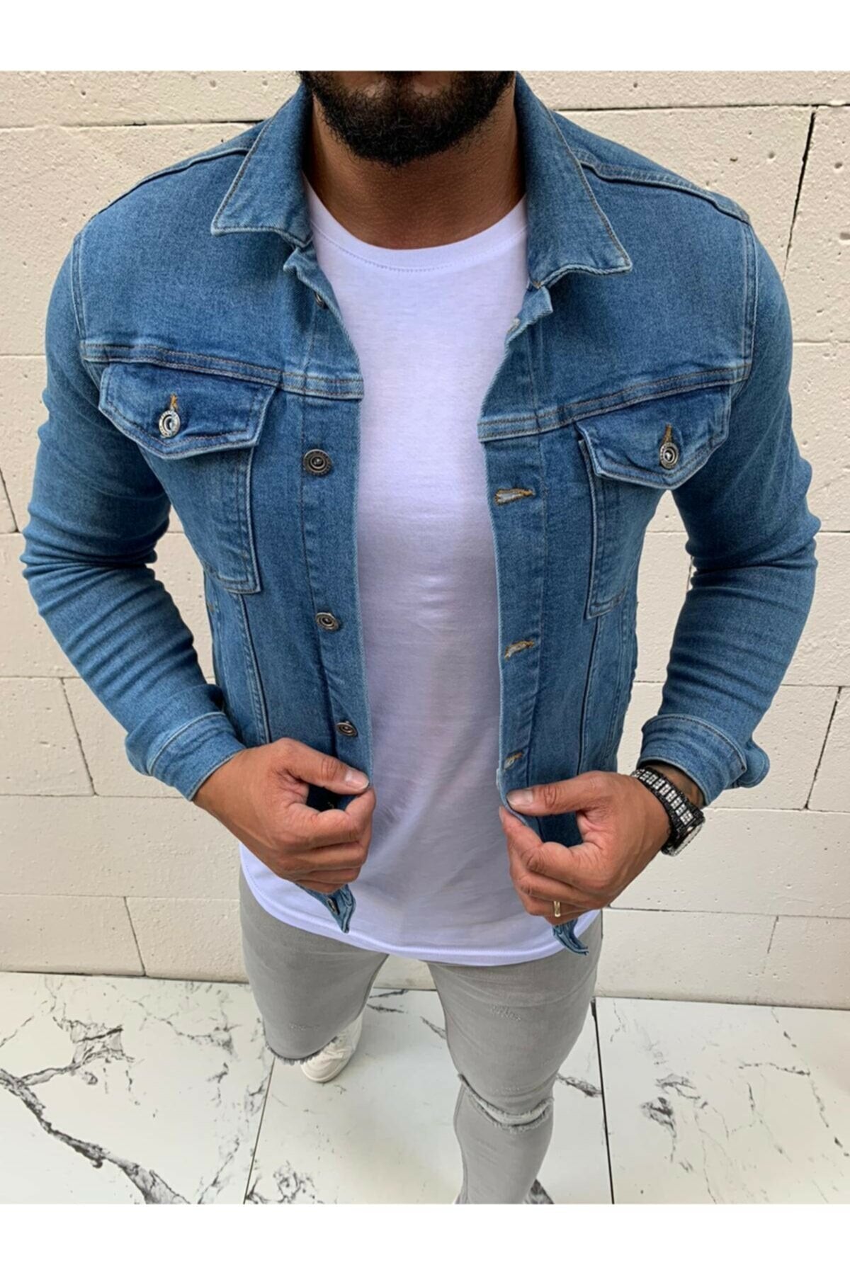 Ace Mens Denim Jacket Stretchable Fine Lycra L Blue