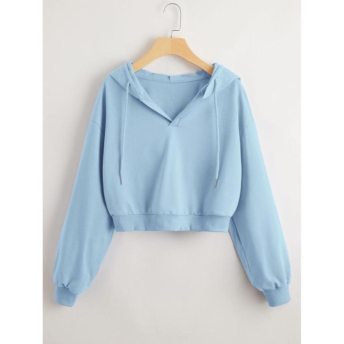 Sky Blue Fleece Full Sleeves Cropped Pull Over Hoodie For Women