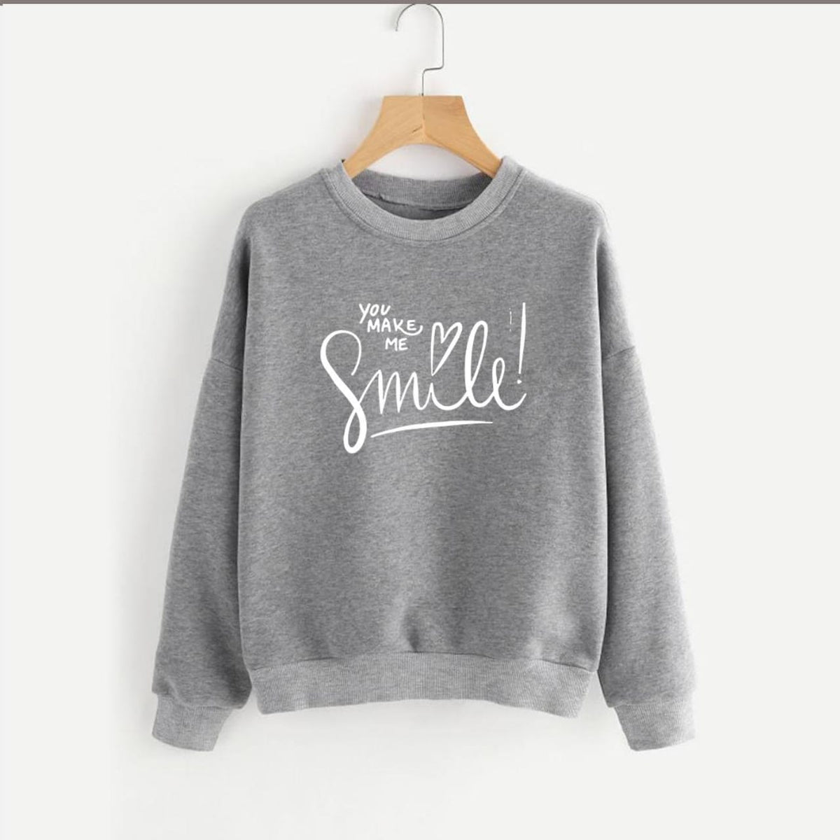 You Make Me Smile Printed Fleece Full Sleeves Pull Over Sweatshirt For Women