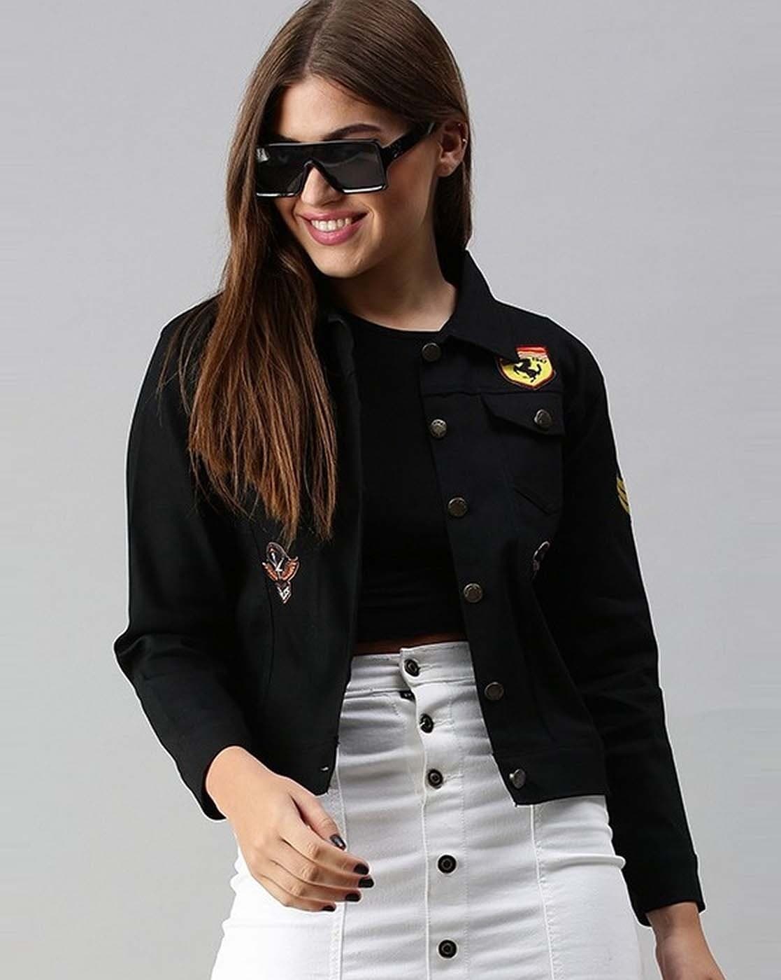 Women's Black Denim Jacket With Badges Close Up - Ace Cart