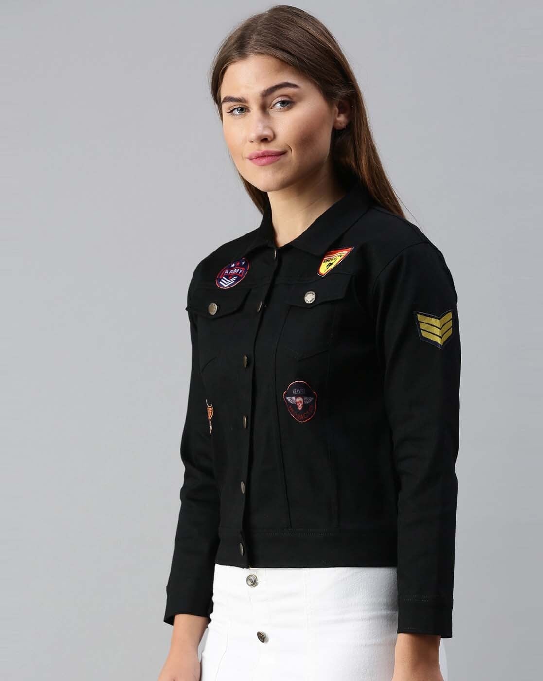 Women's Black Denim Jacket With Badges Left View - Ace Cart