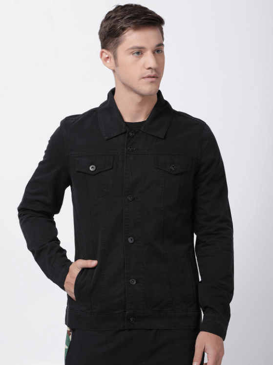 Mens Denim Jacket Black - Front View - AceCart