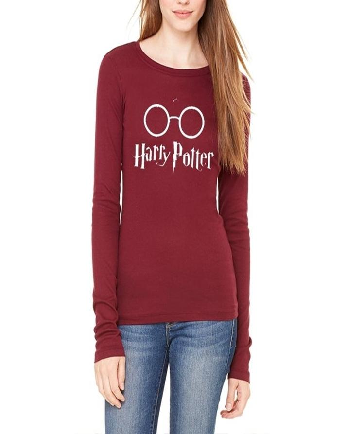 Maroon Cotton Harry Potter Printed T-Shirt For Her - Front View - AceCart