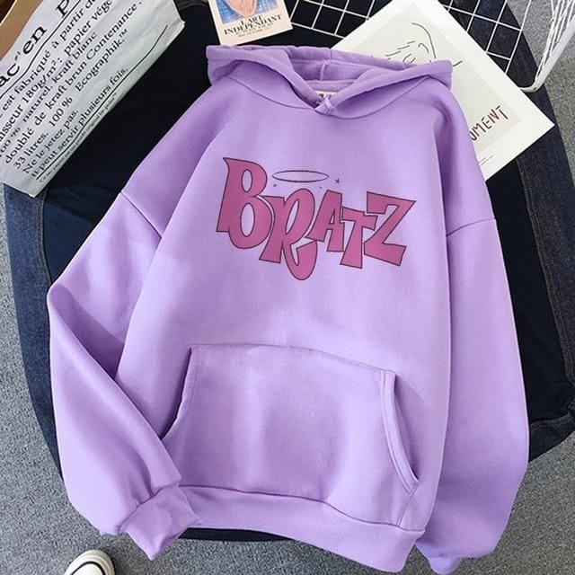 Purple Bratz Printed Fleece Full Sleeves Pull Over Hoodie For Women