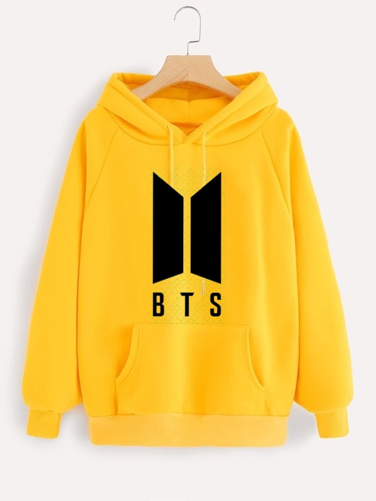 Yellow BTS Fleece Full Sleeves Pull Over Hoodie For Women