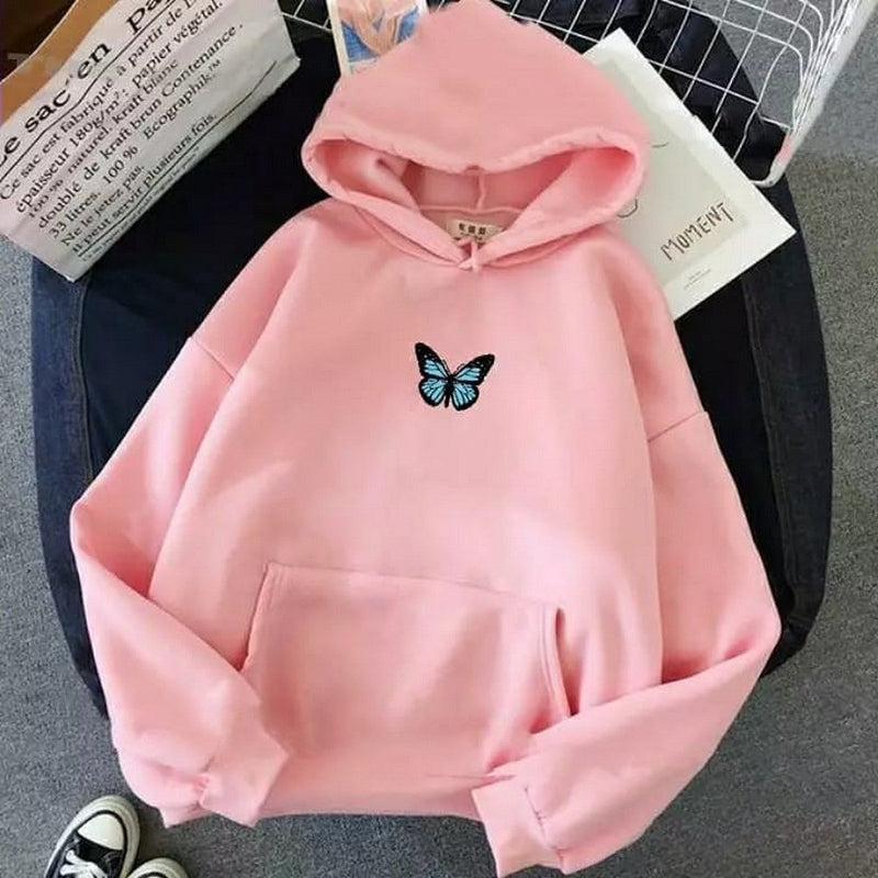 Pink Butterfly Fleece Full Sleeves Pull Over Hoodie For Women