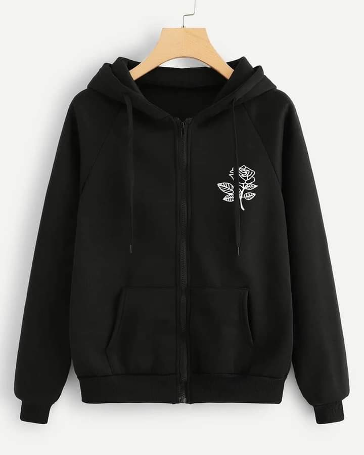 Black Rose Fleece Full Sleeves Zipper Hoodie For Women