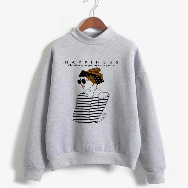 Happiness Printed Fleece Ribbed Neck Fullsleeves Pullover Sweatshirt