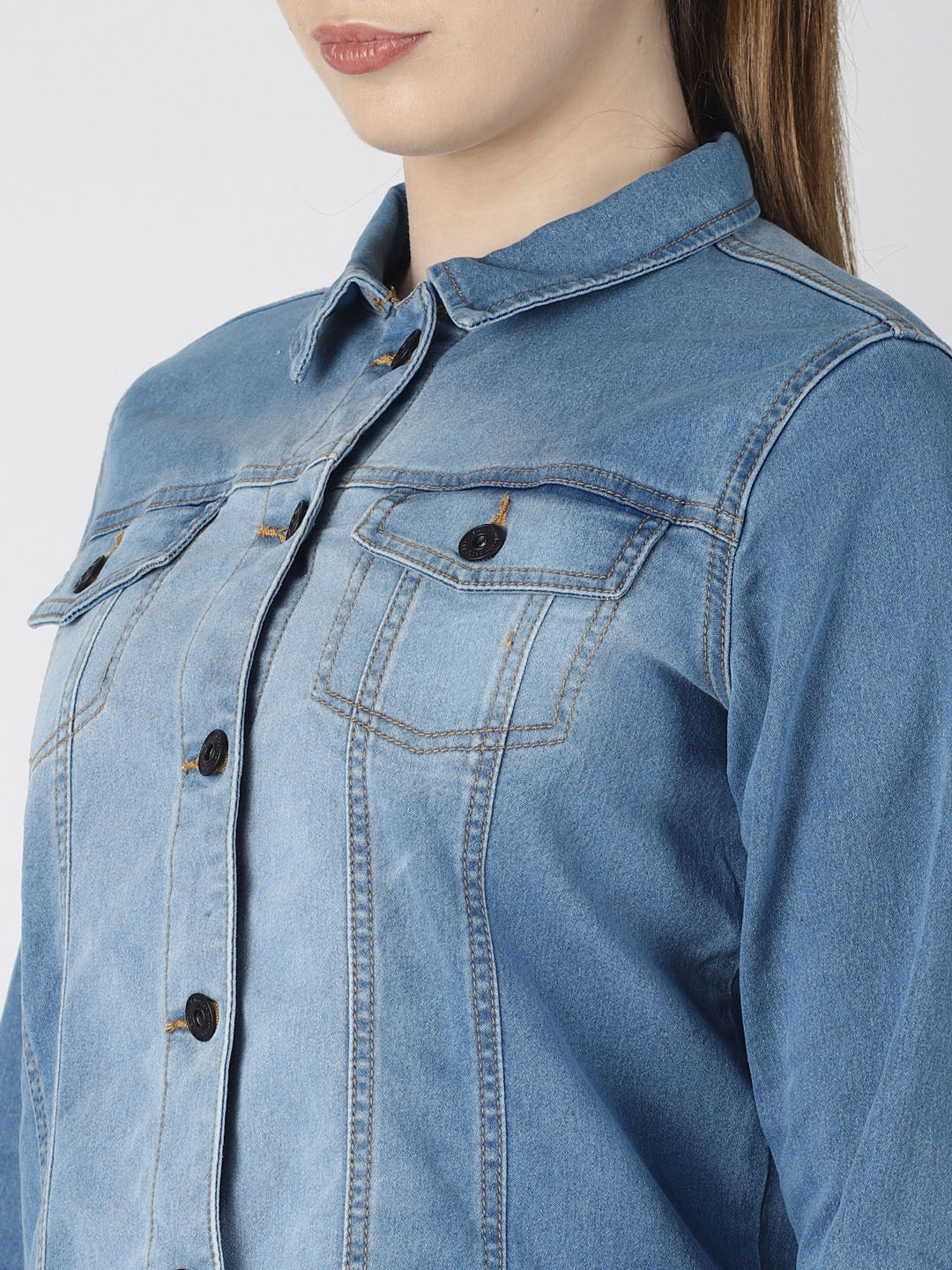 Women Blue Solid Jacket  - Front View - Available in Sizes XL