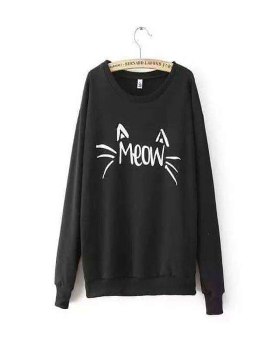 Black Meow Printed Sweat Shirt For Women - AceCart Warm Hooded Sweatshirt in Black