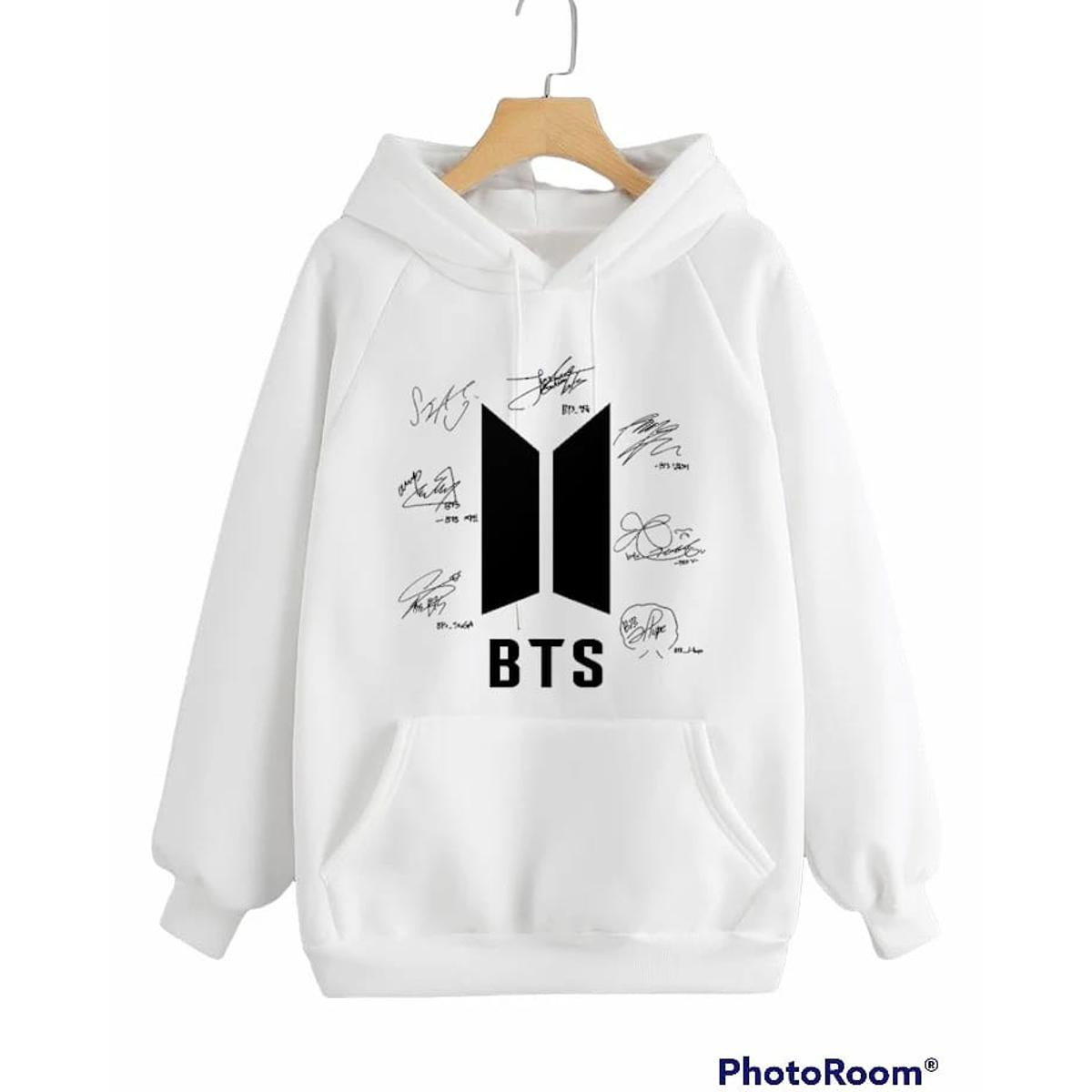 White BTS Signature Fleece Full Sleeves Pull Over Hoodie For Women